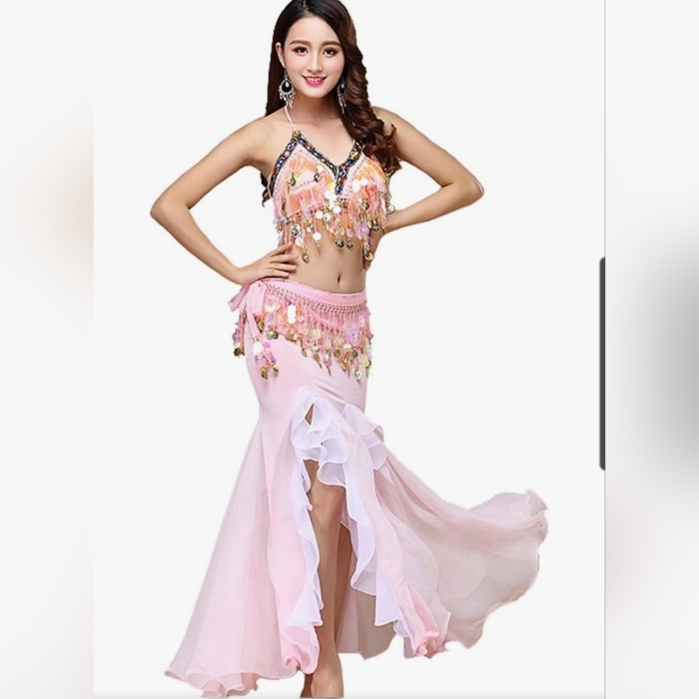 3 Piece Pink Belly Dance Costume with Gold Accents One Size Fits Most